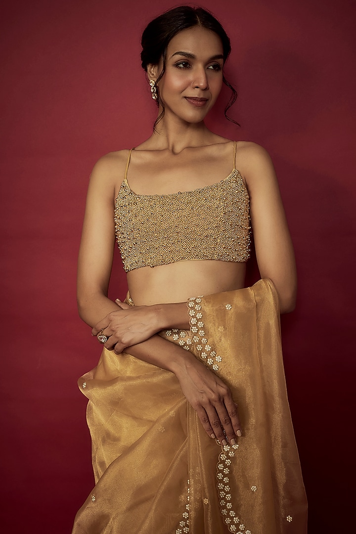 Gold Silk Organza Bead Hand Embroidered Wedding Saree Set by Phatakaa at Pernia's Pop Up Shop