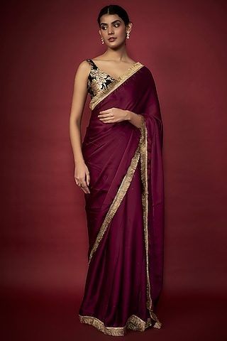 Purple Recycled Polyester Gota Fringed Saree Set by Phatakaa