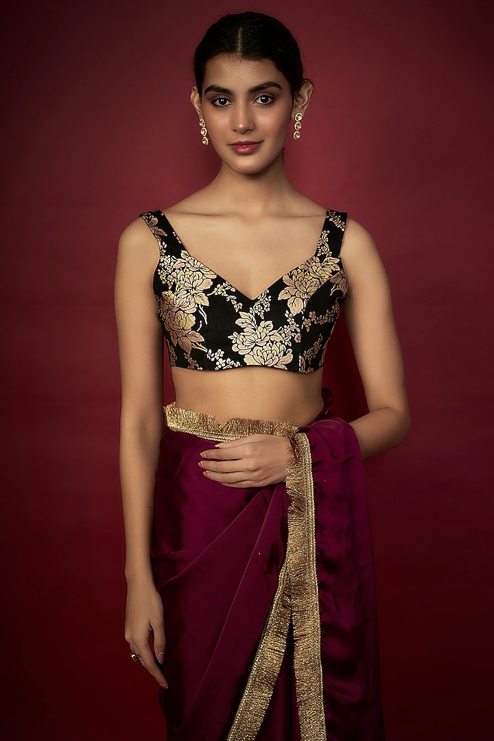 Purple Recycled Polyester Gota Fringed Party Wear Saree Set by Phatakaa at Pernia's Pop Up Shop