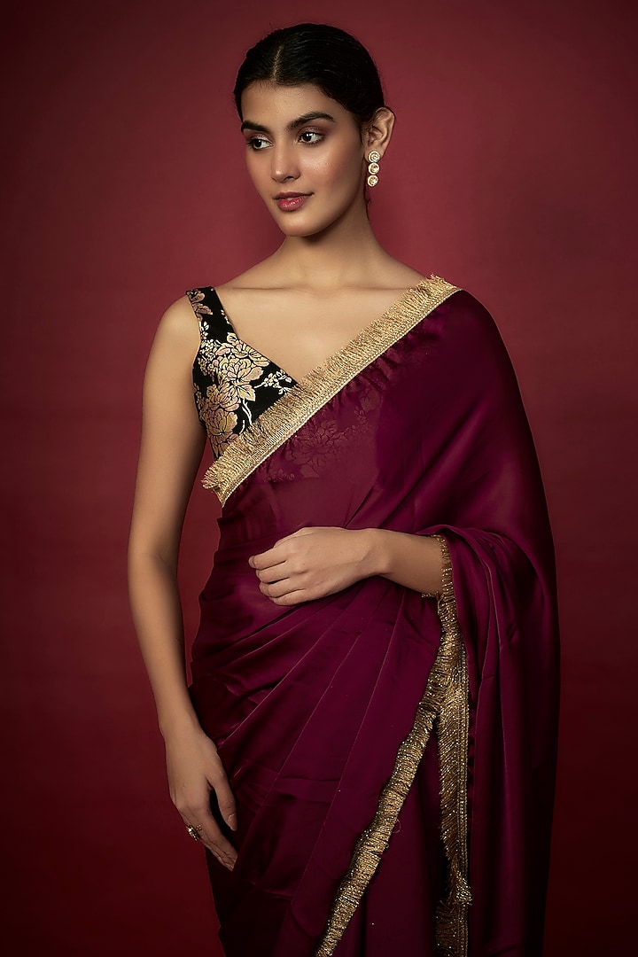 Purple Recycled Polyester Gota Fringed Party Wear Saree Set by Phatakaa at Pernia's Pop Up Shop