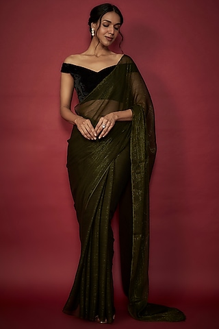 Olive Green Chiffon Zari Embroidered Saree Set by Phatakaa