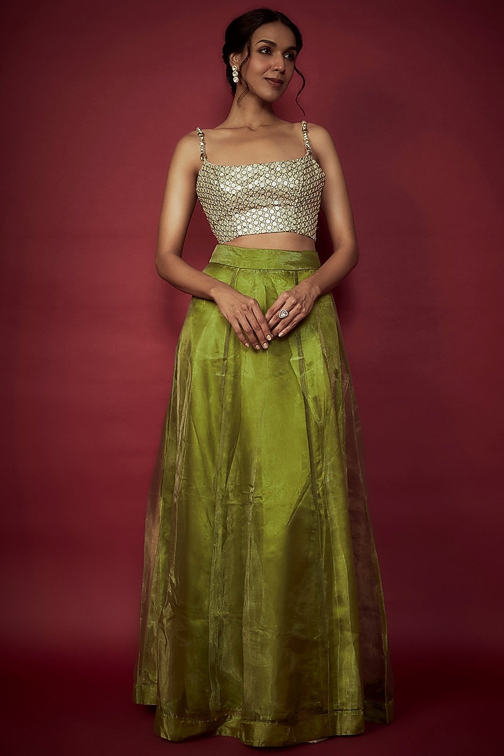 Olive Green Organza Lehenga Set by Phatakaa at Pernia's Pop Up Shop