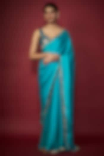 Teal Blue Recycled Polyester Gota Fringed Saree Set by Phatakaa at Pernia's Pop Up Shop