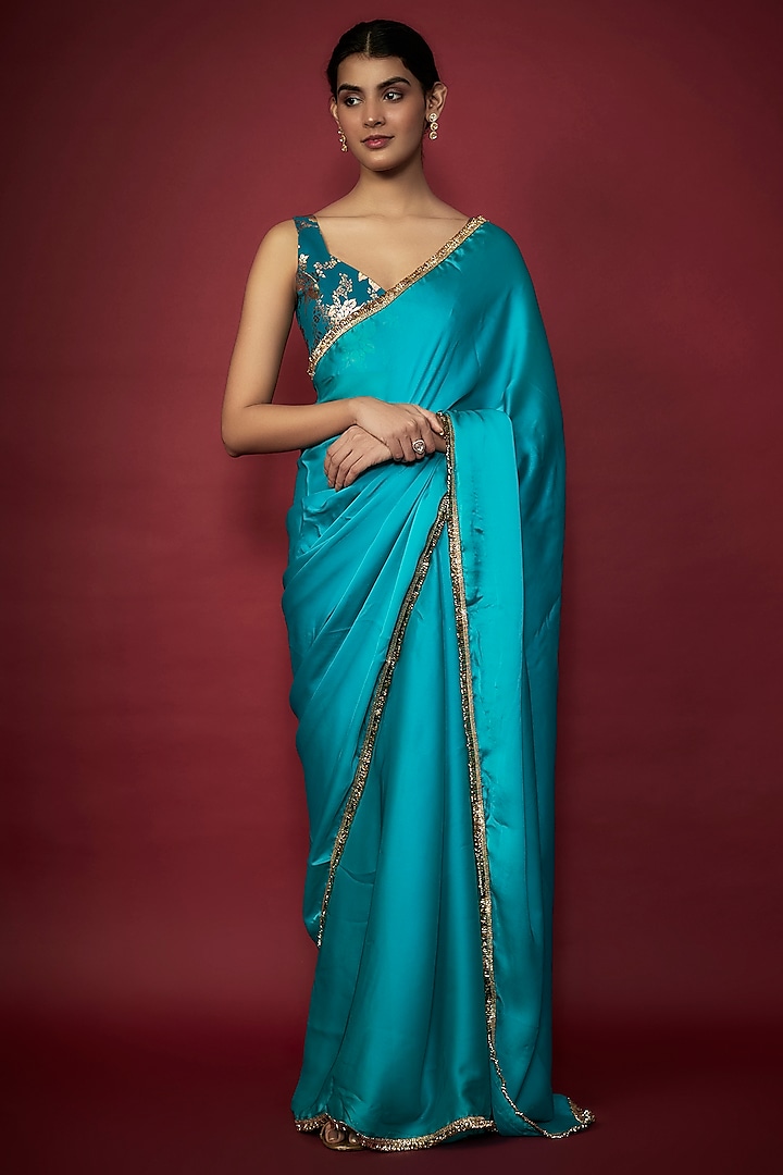 Teal Blue Recycled Polyester Gota Fringed Saree Set by Phatakaa at Pernia's Pop Up Shop