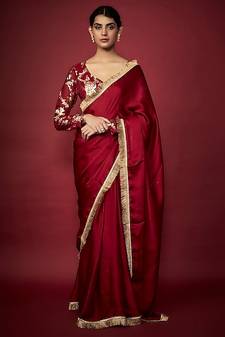 Maroon Recycled Polyester Gota Fringed Saree Set by Phatakaa