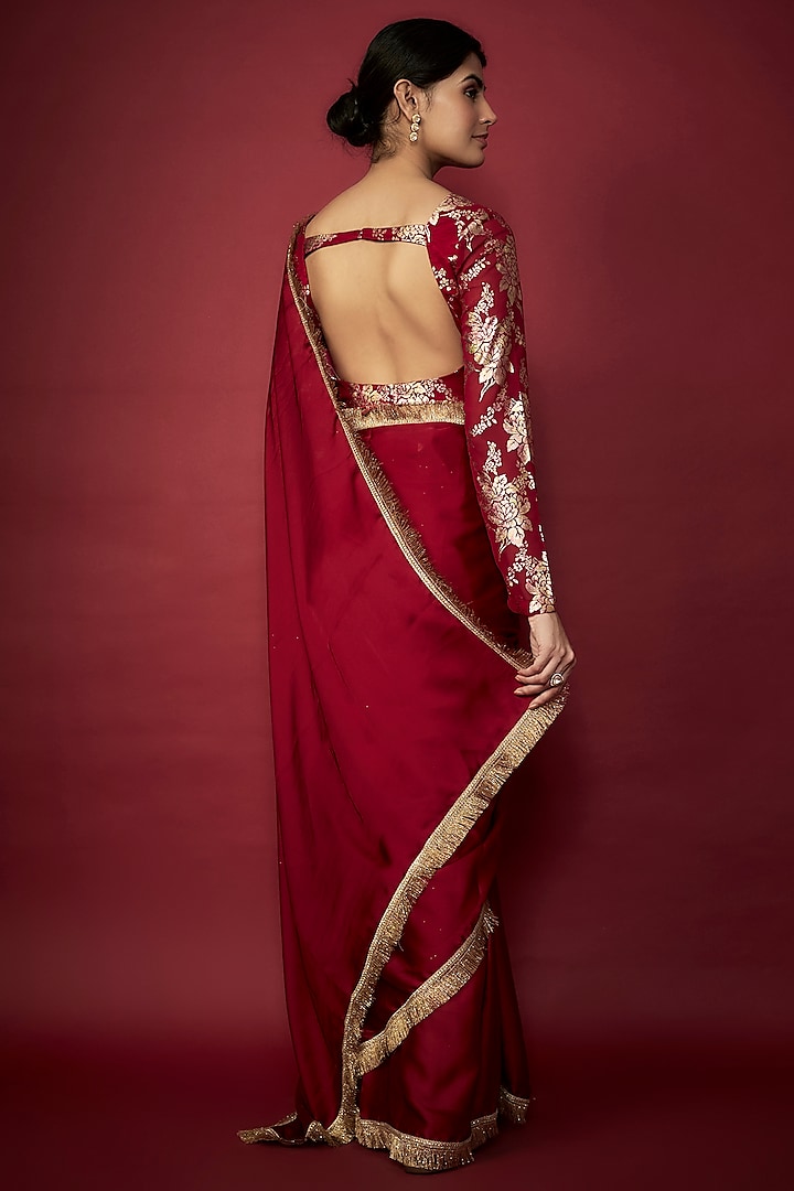 Maroon Recycled Polyester Gota Fringed Party Wear Saree Set by Phatakaa at Pernia's Pop Up Shop
