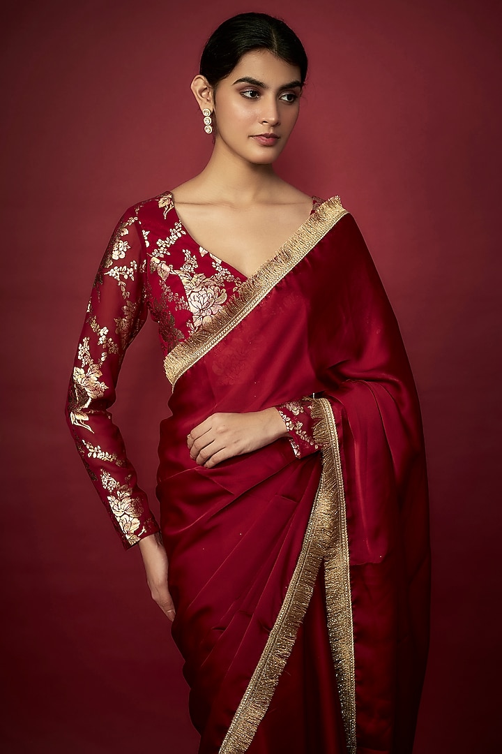 Maroon Recycled Polyester Gota Fringed Party Wear Saree Set by Phatakaa at Pernia's Pop Up Shop