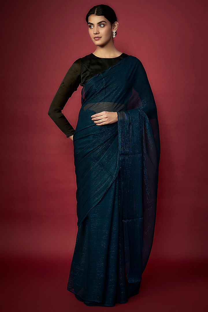 Teal Zari Chiffon Saree Set by Phatakaa at Pernia's Pop Up Shop