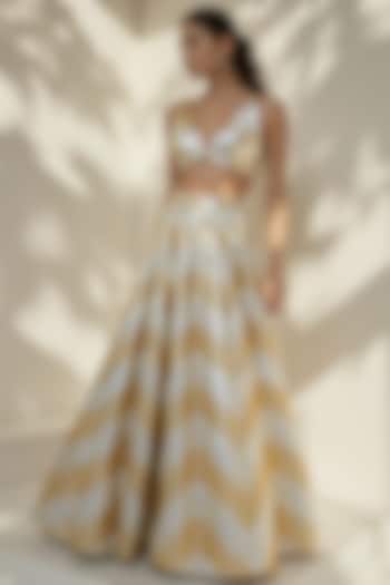 Gold Recycled Polyester Gota Embroidered Flared Wedding Lehenga Set by Phatakaa at Pernia's Pop Up Shop