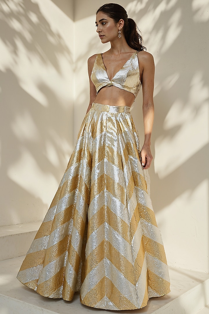 Gold Recycled Polyester Gota Embroidered Flared Wedding Lehenga Set by Phatakaa at Pernia's Pop Up Shop