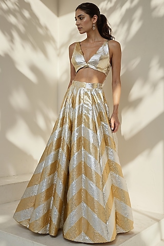 Gold Recycled Polyester Gota Embroidered Flared Lehenga Set by Phatakaa