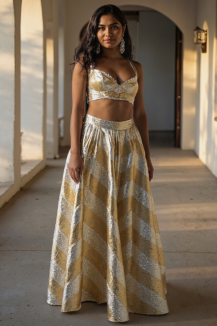 Gold Recycled Polyester Gota Embroidered Flared Wedding Lehenga Set by Phatakaa at Pernia's Pop Up Shop