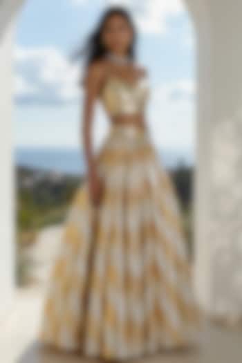 Gold Recycled Polyester Gota Embroidered Flared Wedding Lehenga Set by Phatakaa at Pernia's Pop Up Shop