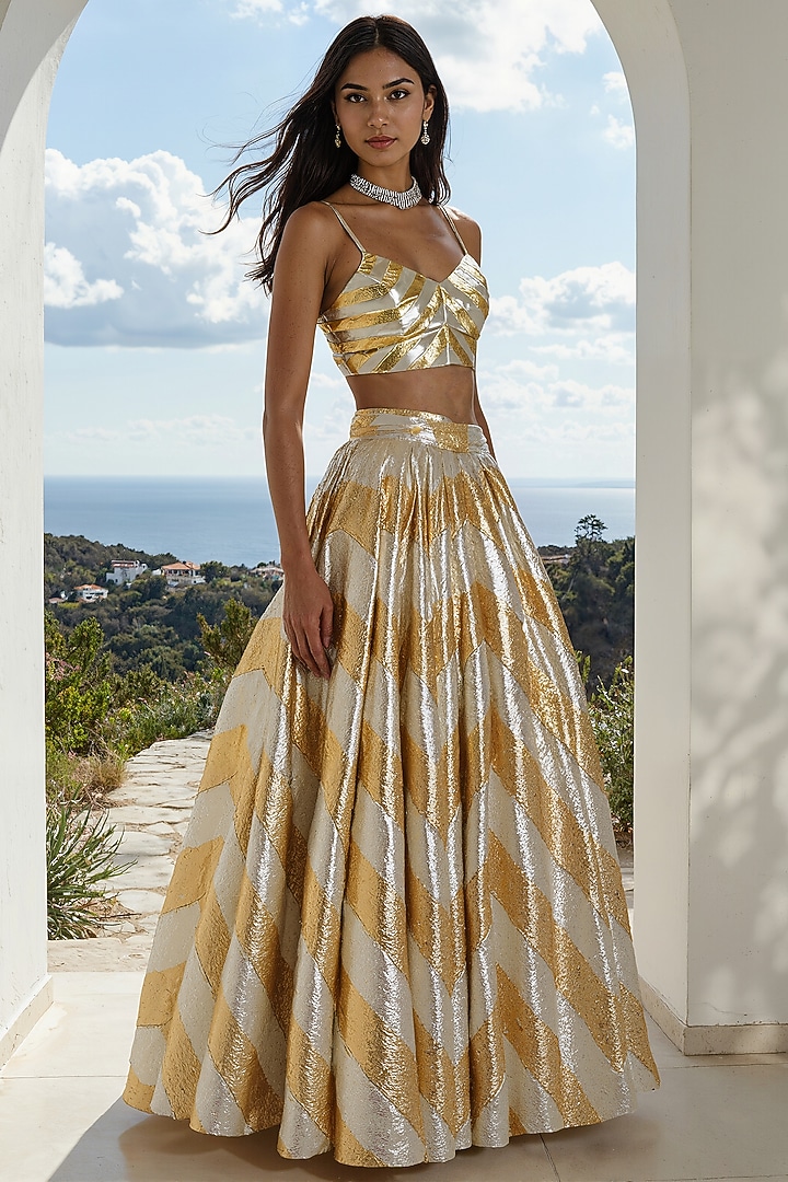 Gold Recycled Polyester Gota Embroidered Flared Wedding Lehenga Set by Phatakaa at Pernia's Pop Up Shop