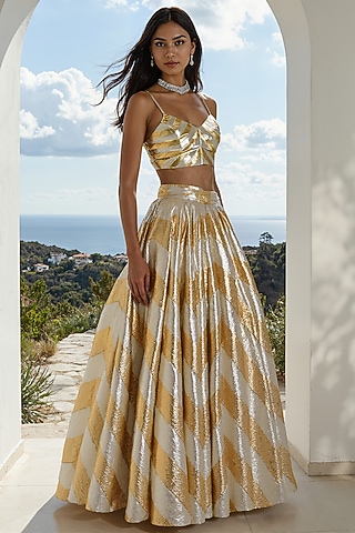 Gold Recycled Polyester Gota Embroidered Flared Lehenga Set by Phatakaa