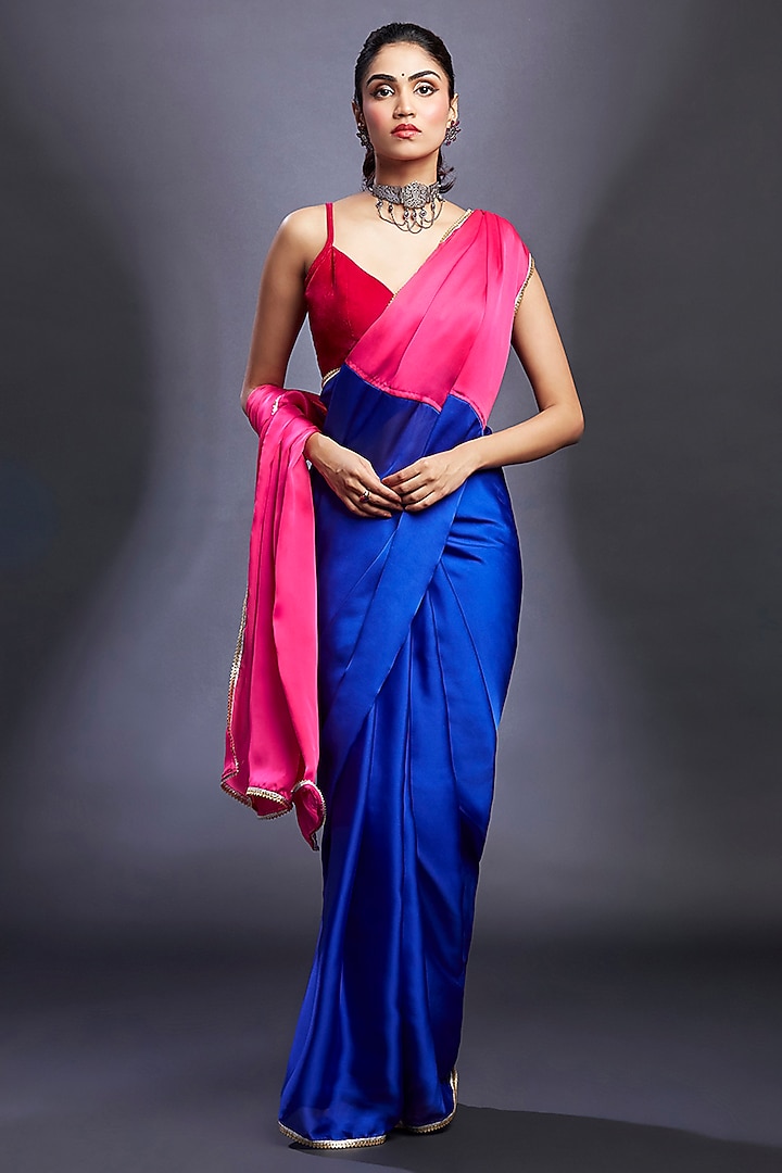 Electric Blue & Rani Satin Embellished Color-Blocked Party Wear Saree Set by Phatakaa at Pernia's Pop Up Shop
