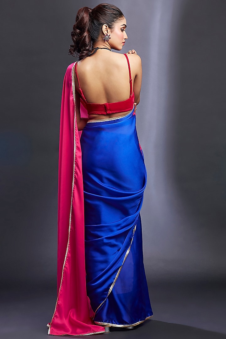 Electric Blue & Rani Satin Embellished Color-Blocked Party Wear Saree Set by Phatakaa at Pernia's Pop Up Shop