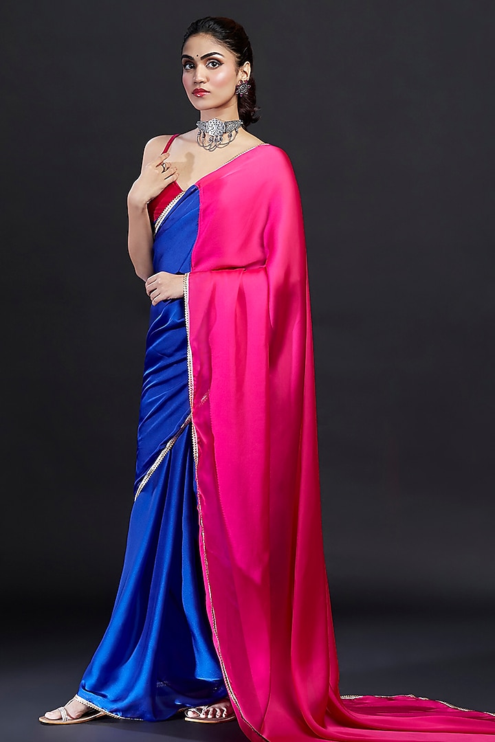 Electric Blue & Rani Satin Embellished Color-Blocked Party Wear Saree Set by Phatakaa at Pernia's Pop Up Shop