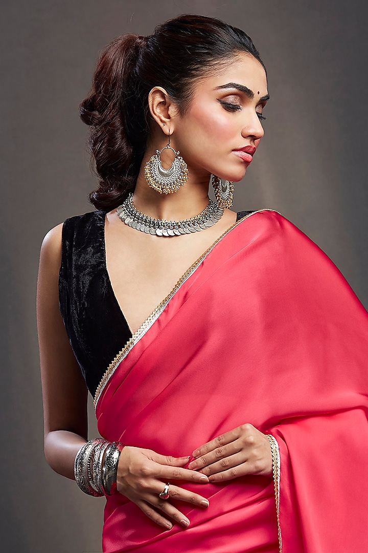 Coral Satin & Velvet Embellished Party Wear Saree Set by Phatakaa at Pernia's Pop Up Shop