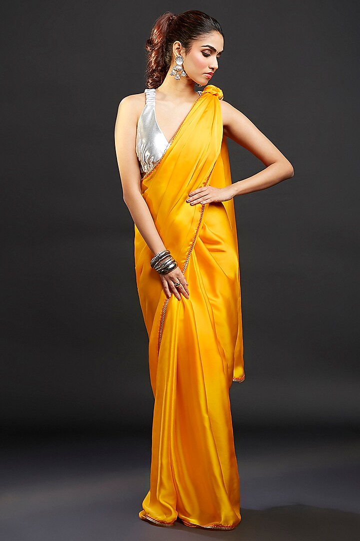 Yellow Satin Embellished Party Wear Saree Set by Phatakaa at Pernia's Pop Up Shop