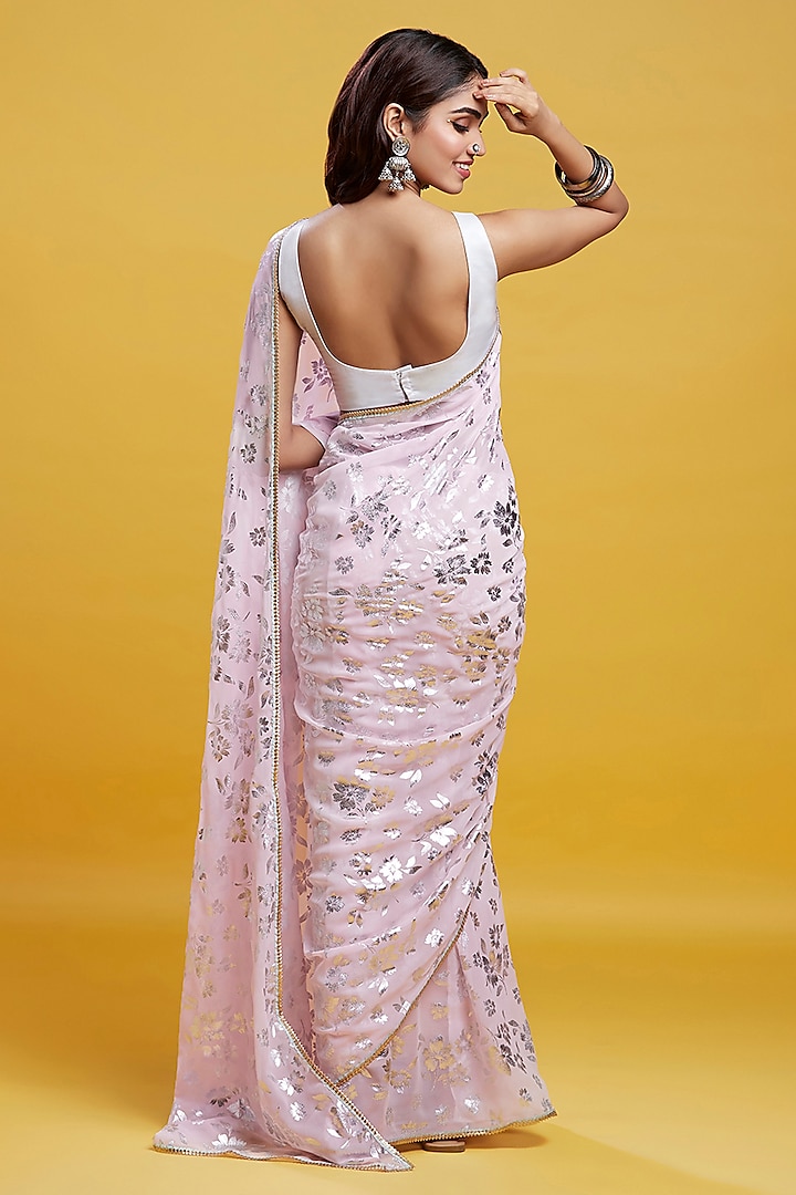 Baby Pink Georgette & Recycled Polyester Barfi Party Wear Saree Set by Phatakaa at Pernia's Pop Up Shop