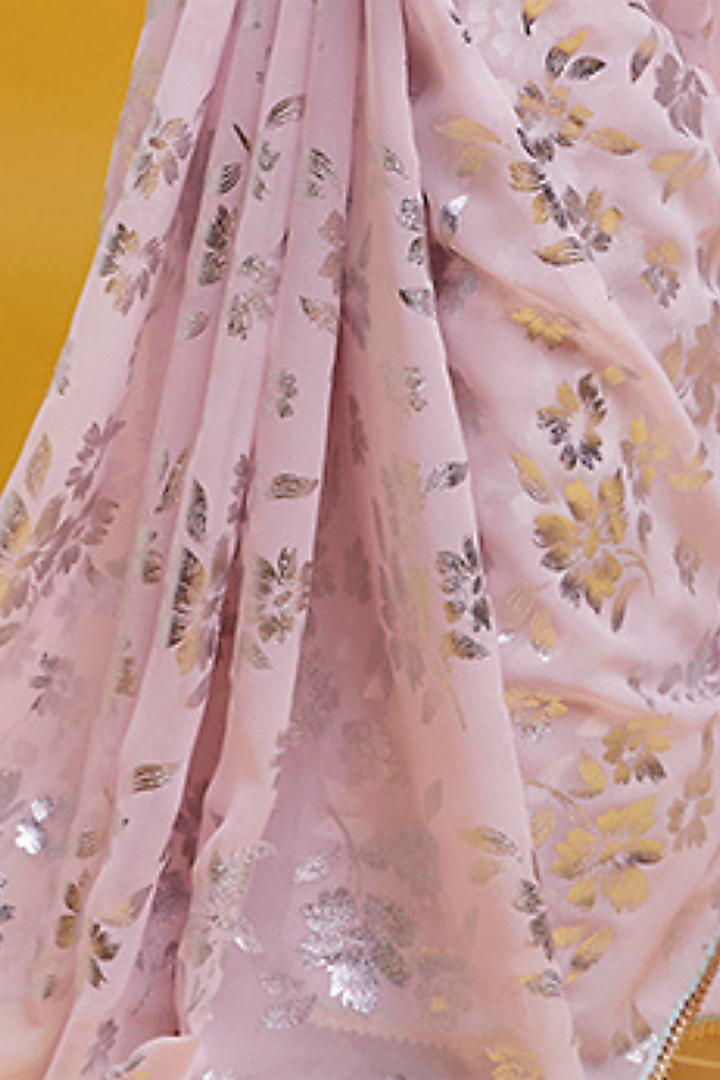 Baby Pink Georgette & Recycled Polyester Barfi Party Wear Saree Set by Phatakaa at Pernia's Pop Up Shop