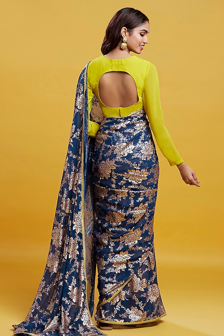 Navy Blue Georgette & Recycled Polyester Barfi Party Wear Saree Set by Phatakaa at Pernia's Pop Up Shop