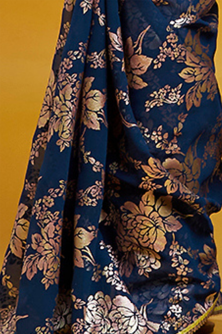 Navy Blue Georgette & Recycled Polyester Barfi Party Wear Saree Set by Phatakaa at Pernia's Pop Up Shop
