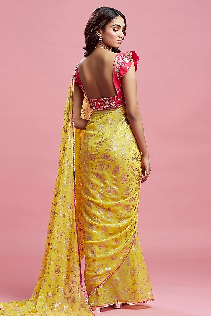 Yellow Georgette & Recycled Polyester Barfi Party Wear Saree Set by Phatakaa at Pernia's Pop Up Shop