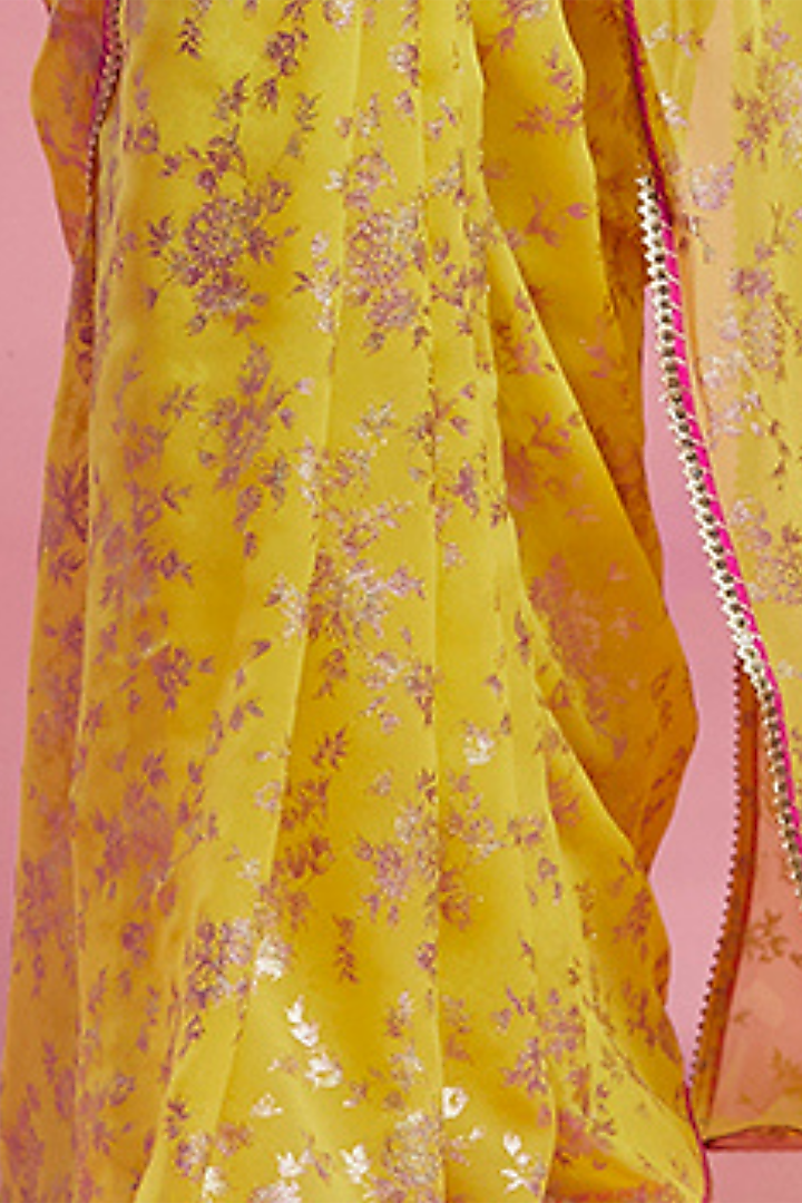 Yellow Georgette & Recycled Polyester Barfi Party Wear Saree Set by Phatakaa at Pernia's Pop Up Shop