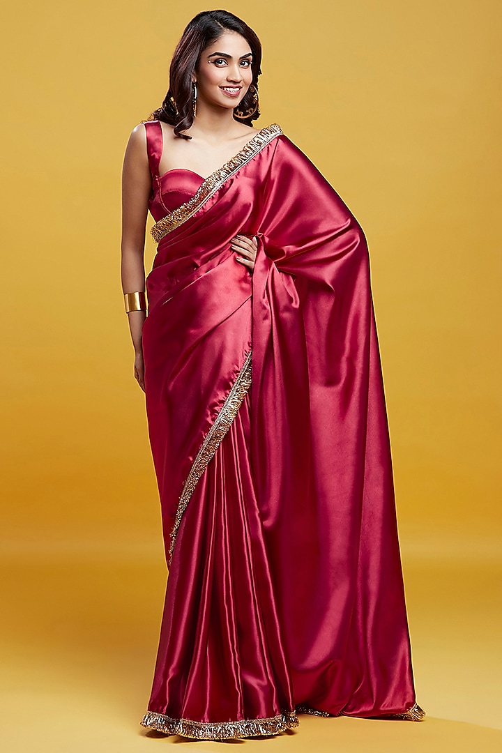 Red Satin Embroidered Saree Set by Phatakaa