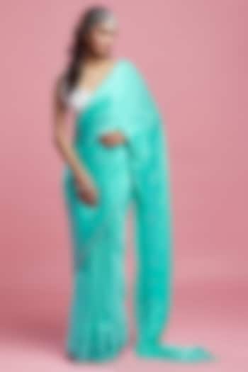 Turquoise Satin Crystal & Boota Embroidered Party Wear Saree Set by Phatakaa at Pernia's Pop Up Shop