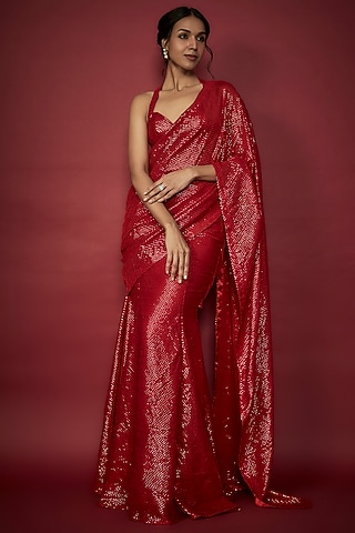 Red Recycled Polyester Sequin Embroidered Pre-Draped Saree Set by Phatakaa