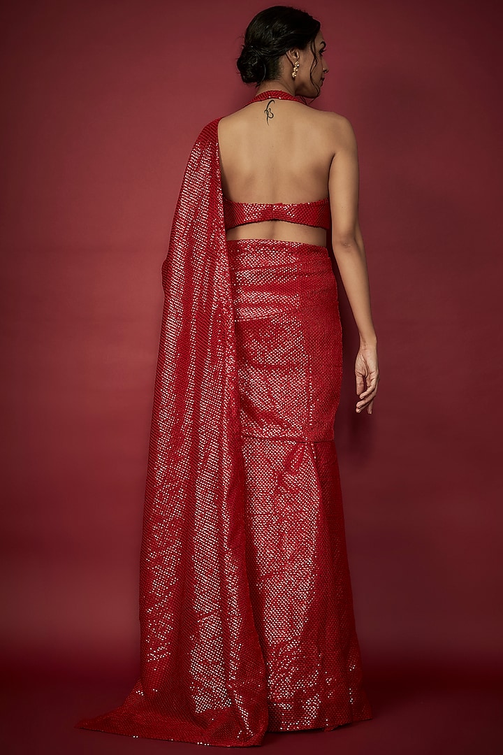 Red Recycled Polyester Sequin Embroidered Pre-Draped Wedding Saree Set by Phatakaa at Pernia's Pop Up Shop
