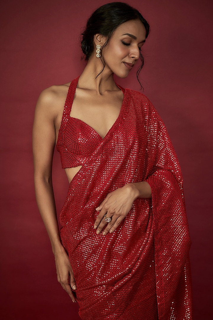 Red Recycled Polyester Sequin Embroidered Pre-Draped Wedding Saree Set by Phatakaa at Pernia's Pop Up Shop