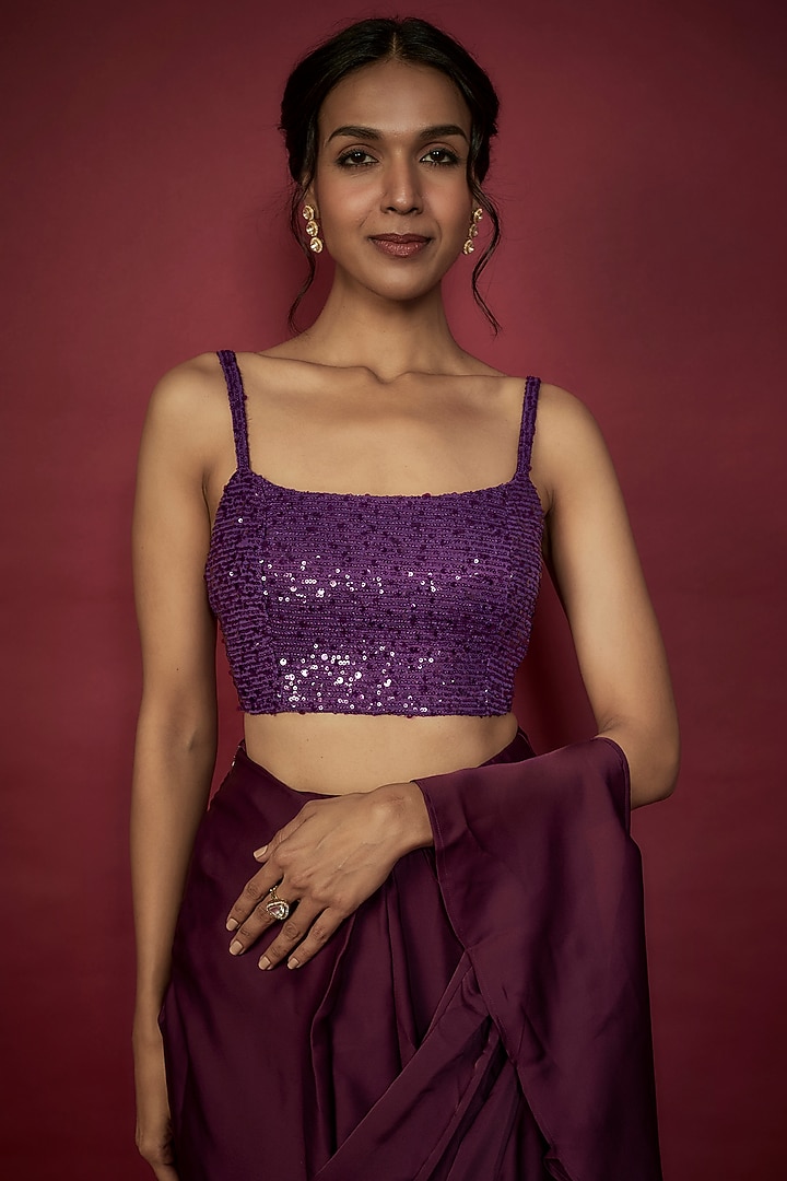Purple Satin Georgette Ruffled Pre-Draped Wedding Saree Set by Phatakaa at Pernia's Pop Up Shop