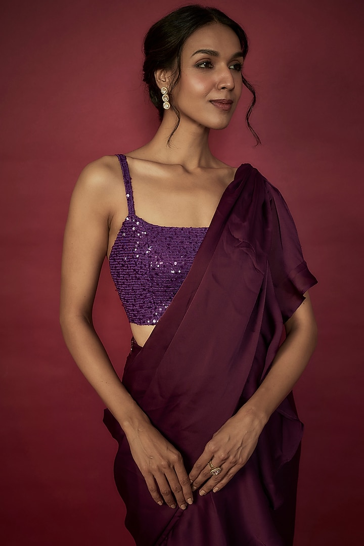Purple Satin Georgette Ruffled Pre-Draped Wedding Saree Set by Phatakaa at Pernia's Pop Up Shop