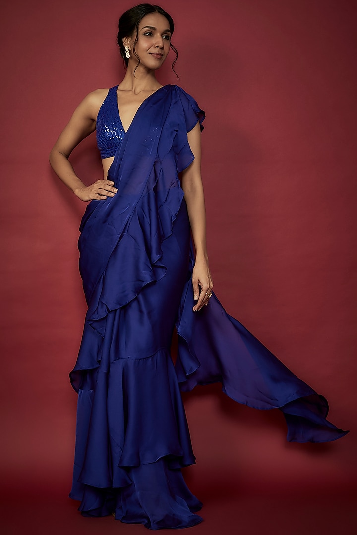 Navy Blue Satin Georgette Ruffled Pre-Draped Wedding Saree Set by Phatakaa at Pernia's Pop Up Shop