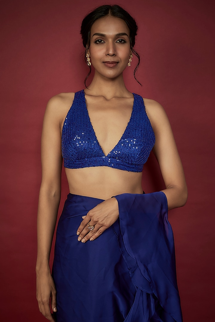 Navy Blue Satin Georgette Ruffled Pre-Draped Wedding Saree Set by Phatakaa at Pernia's Pop Up Shop