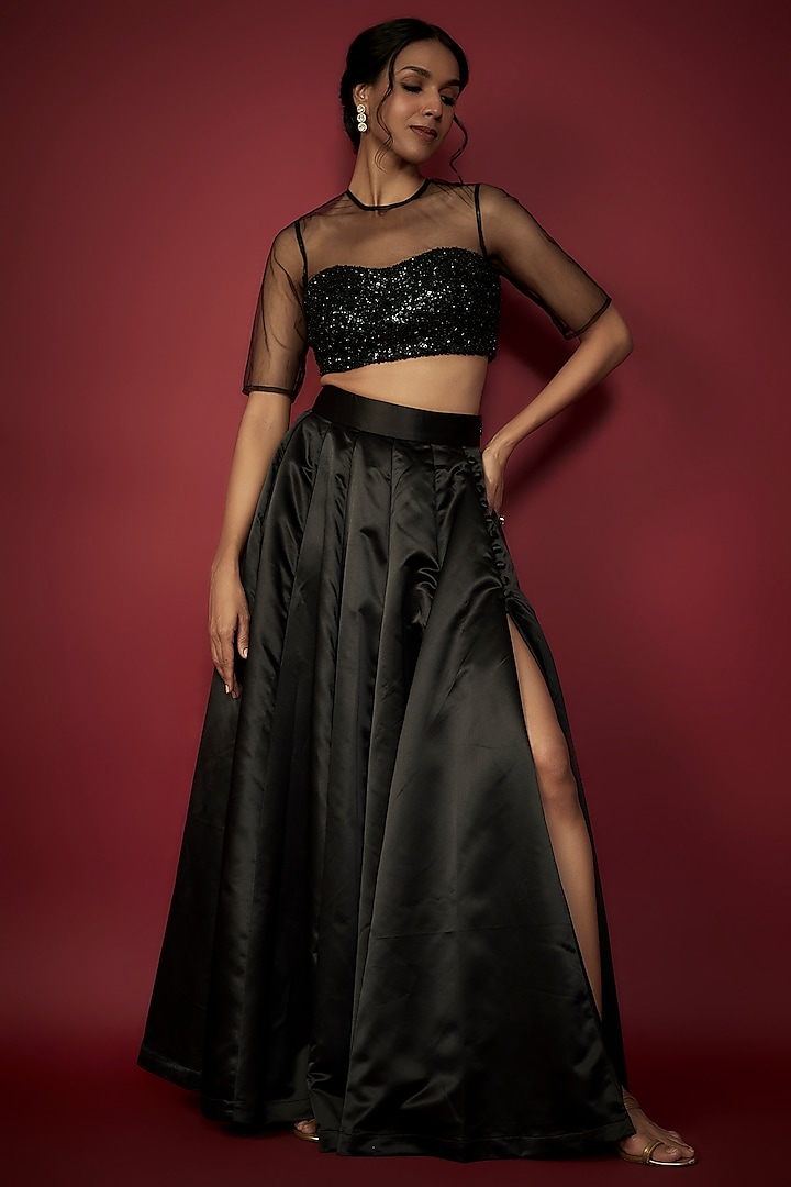 Black Satin Wedding Lehenga Set by Phatakaa at Pernia's Pop Up Shop