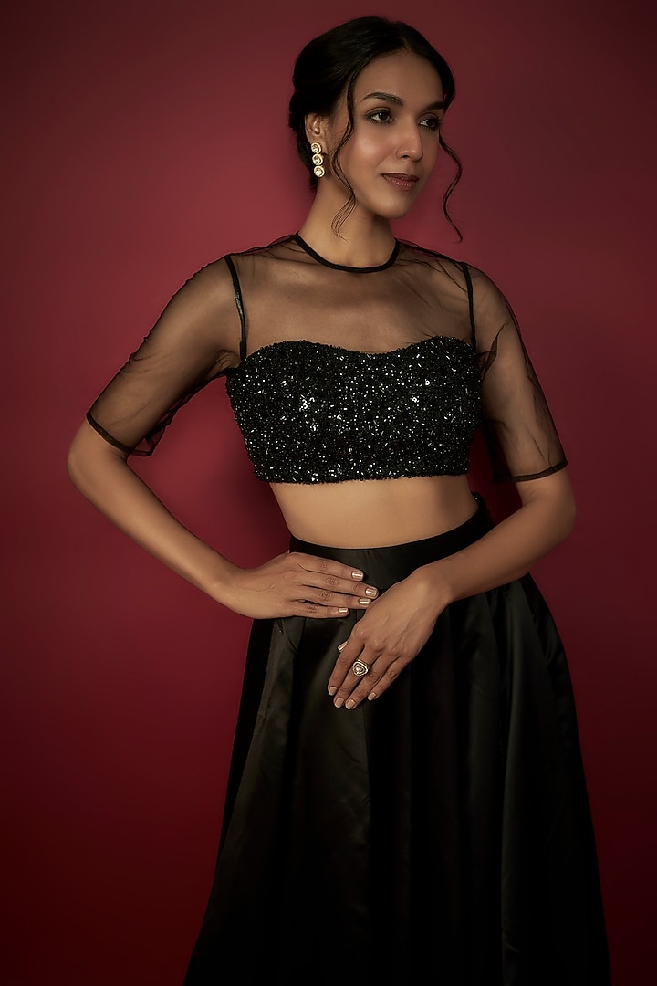 Black Satin Wedding Lehenga Set by Phatakaa at Pernia's Pop Up Shop