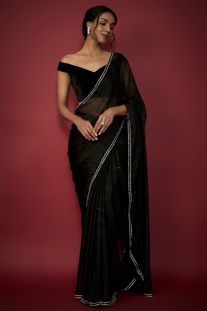 Black Chiffon Crystal Embroidered Saree Set by Phatakaa at Pernia's Pop Up Shop