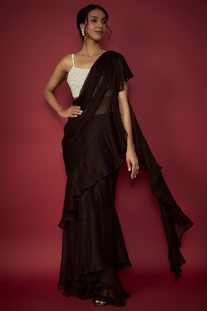 Black Satin Georgette Pre-Draped Ruffled Wedding Saree Set by Phatakaa at Pernia's Pop Up Shop