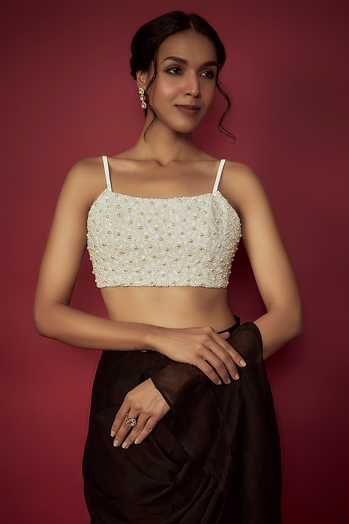 Black Satin Georgette Pre-Draped Ruffled Wedding Saree Set by Phatakaa at Pernia's Pop Up Shop