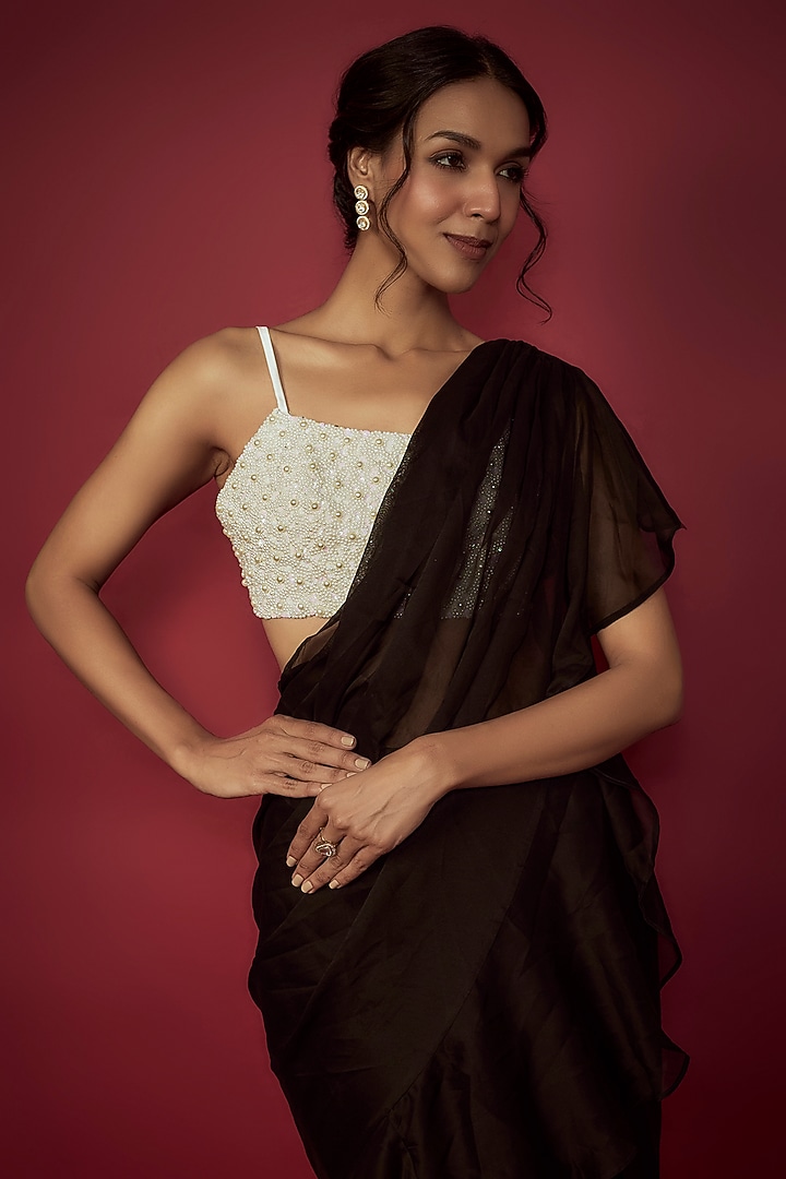 Black Satin Georgette Pre-Draped Ruffled Wedding Saree Set by Phatakaa at Pernia's Pop Up Shop