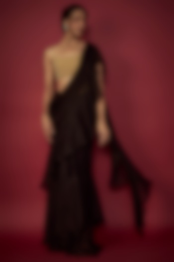 Black Satin Georgette Pre-Draped Ruffled Wedding Saree Set by Phatakaa at Pernia's Pop Up Shop