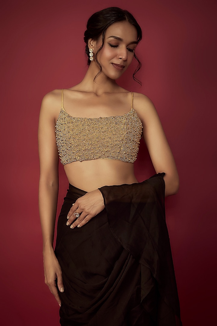 Black Satin Georgette Pre-Draped Ruffled Wedding Saree Set by Phatakaa at Pernia's Pop Up Shop