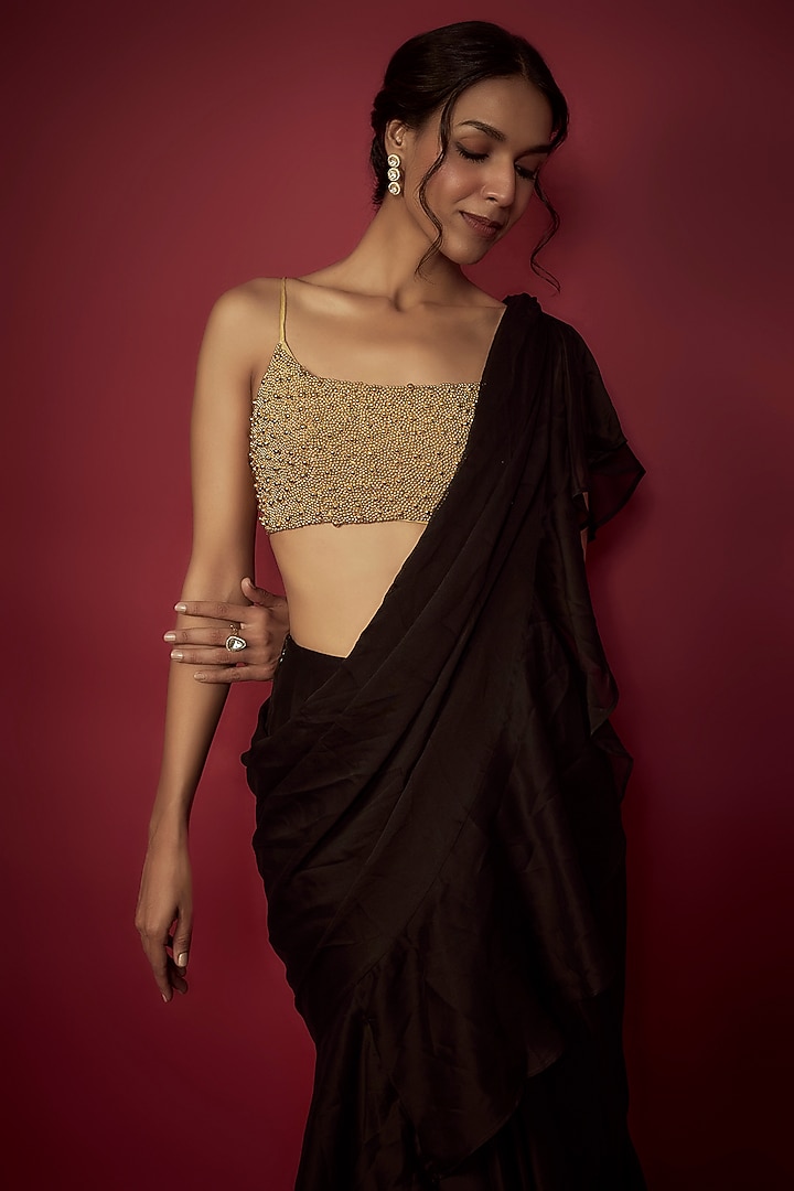 Black Satin Georgette Pre-Draped Ruffled Wedding Saree Set by Phatakaa at Pernia's Pop Up Shop