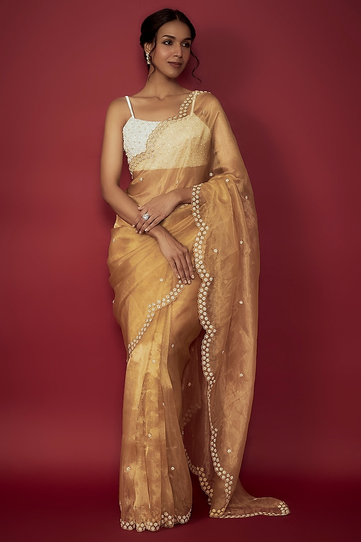 Gold Silk Organza Pearl Embroidered Scalloped Wedding Saree Set by Phatakaa at Pernia's Pop Up Shop