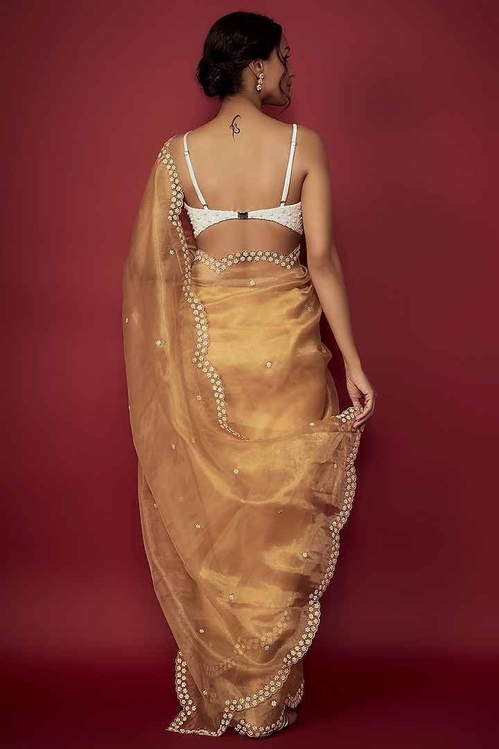 Gold Silk Organza Pearl Embroidered Scalloped Wedding Saree Set by Phatakaa at Pernia's Pop Up Shop